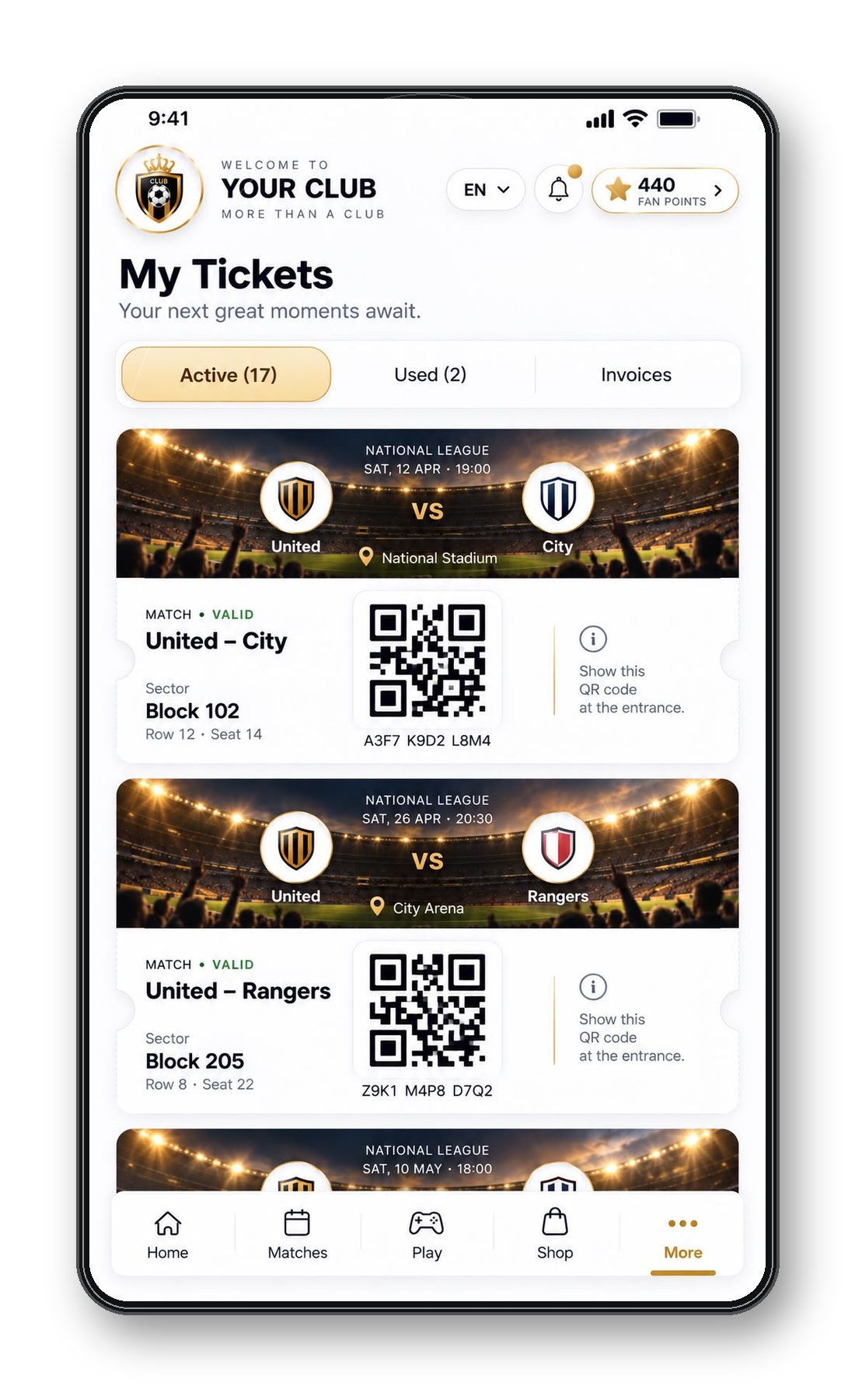 Approved ClubFan My Tickets phone screen