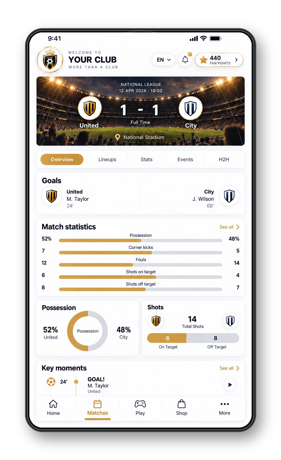 Approved ClubFan Match Center phone screen